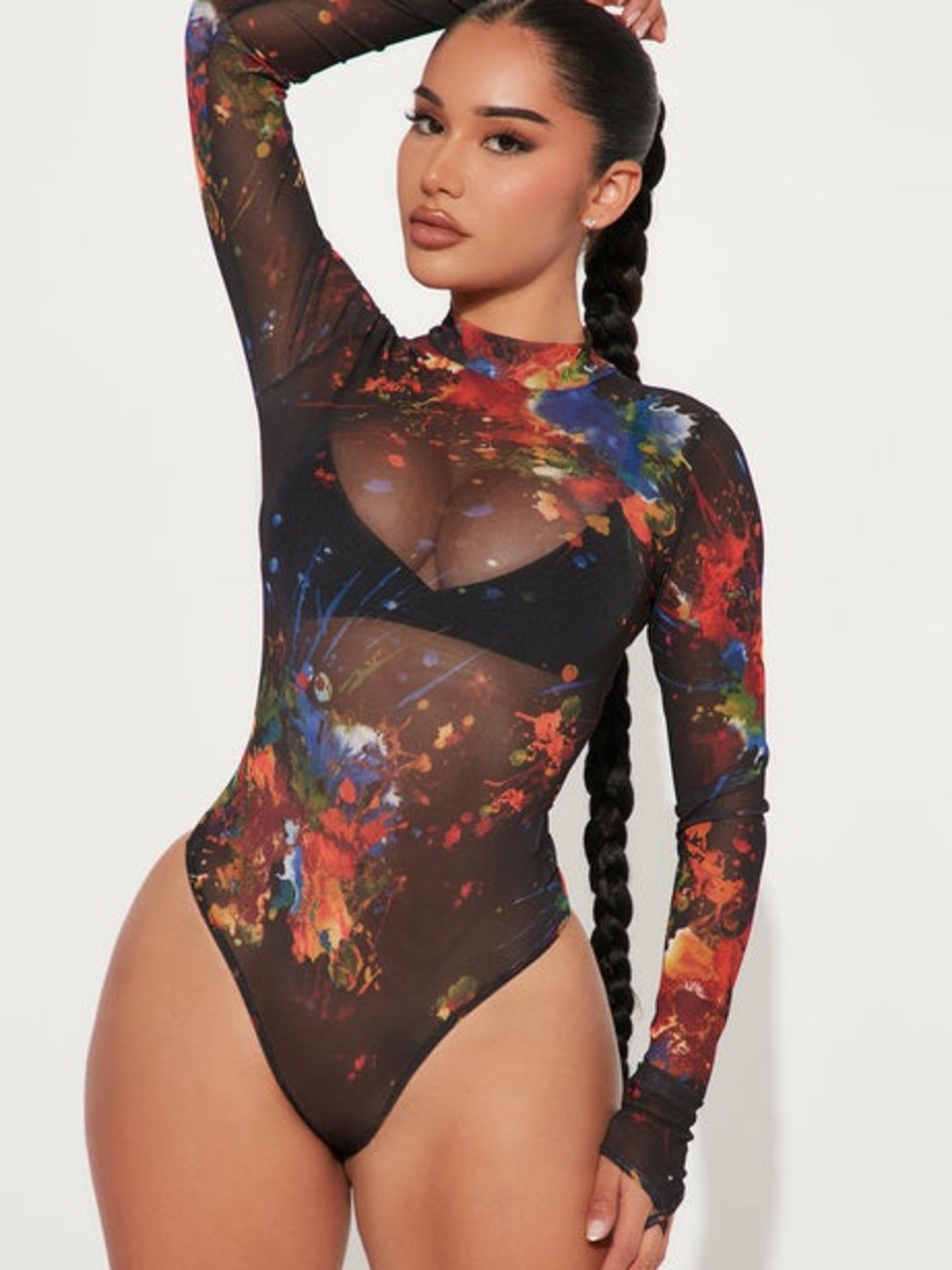Sheer Paint-Splash Long Sleeve Bodysuit - Black with Multicolor Print!
